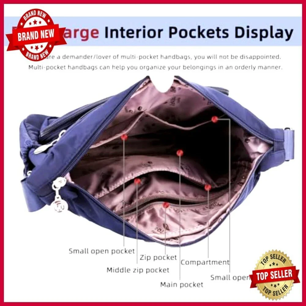 Large Nylon Satchel with 12 Pockets, Adjustable Strap, Waterproof Tote